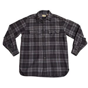 LL Bean Shirt Mens M Deep Brown Blue Plaid Flannel Cotton Distressed